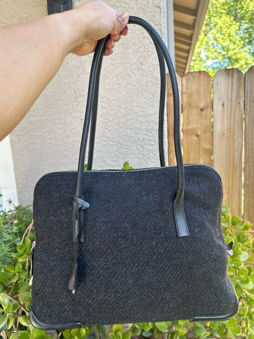 PRADA Black Wool-Textured Top-Handle Shoulder Bag with locked & keys